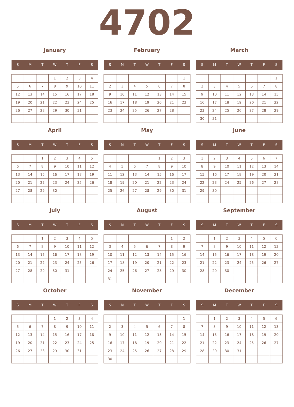 Printable 4702 Year Calendars coffe