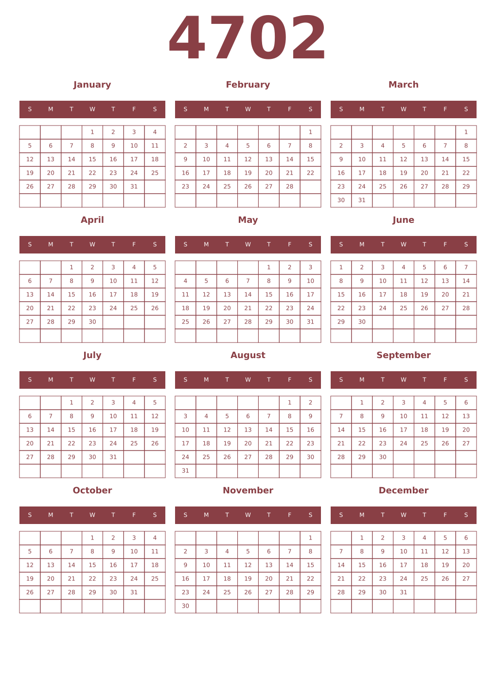 Printable 4702 Year Calendars cordovan
