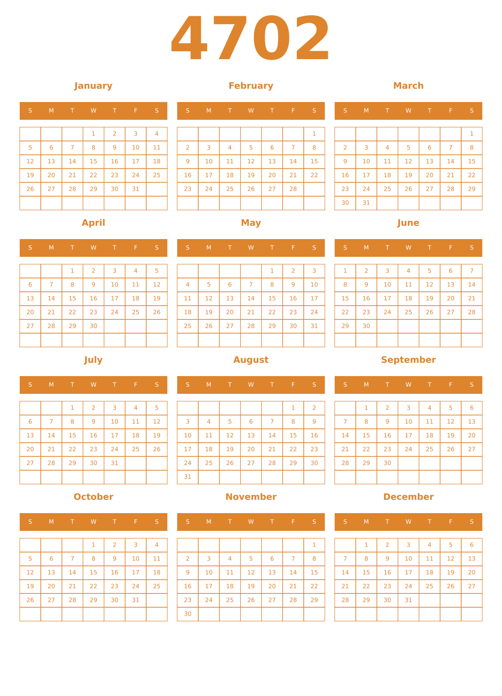 Printable 4702 Year Calendars orange