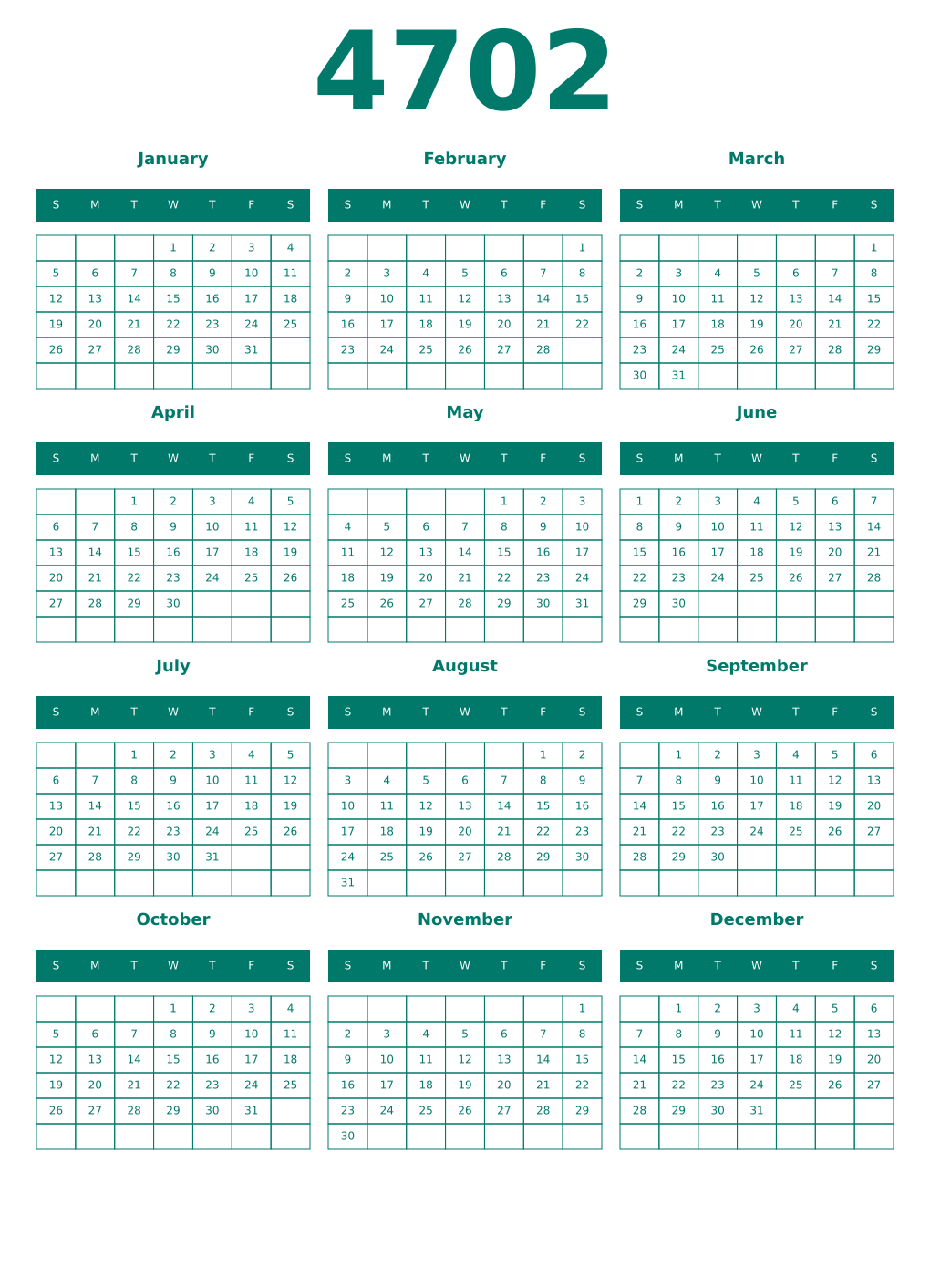 Printable 4702 Year Calendars pastel
