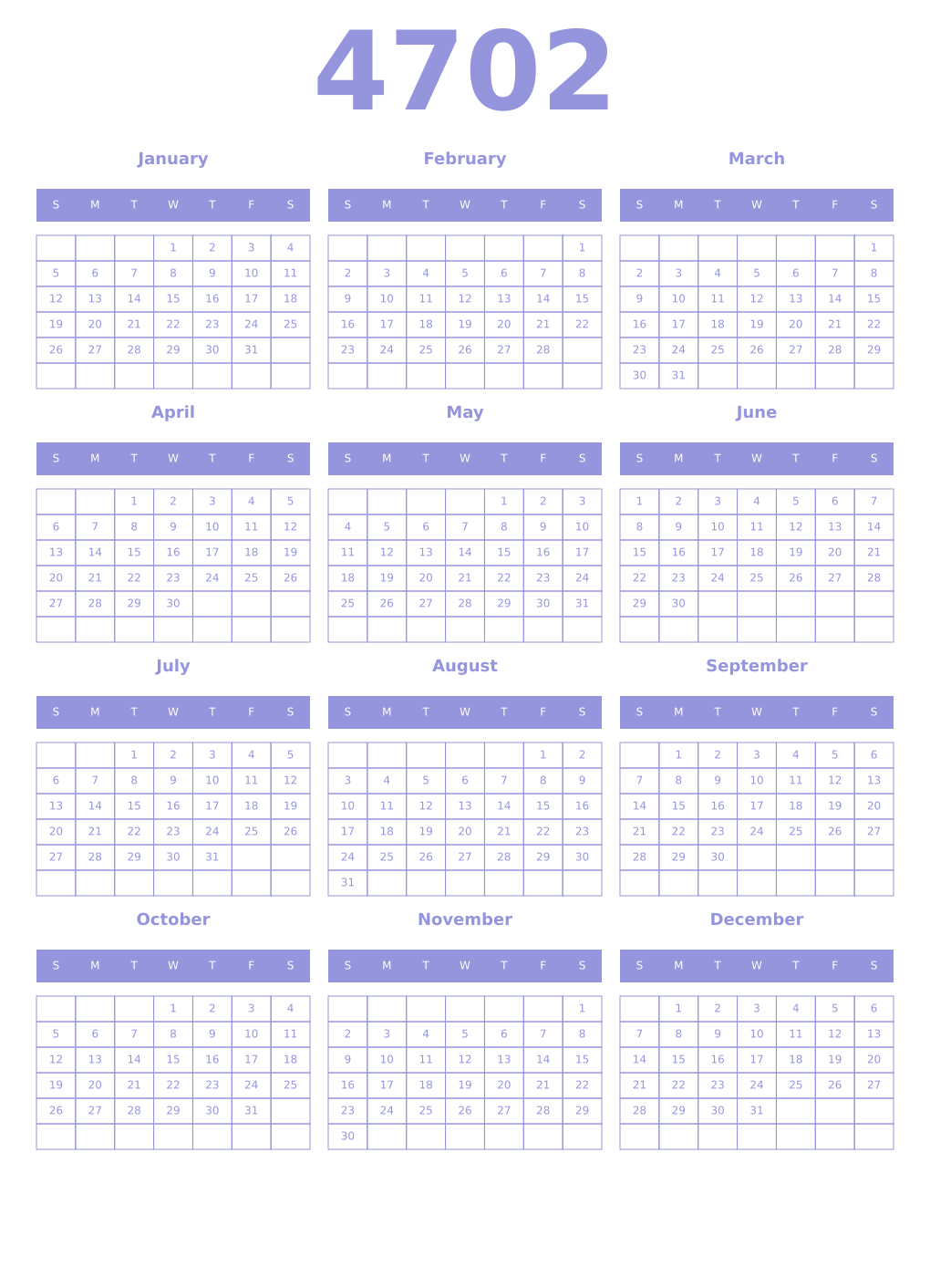 Printable 4702 Year Calendars periwinkle