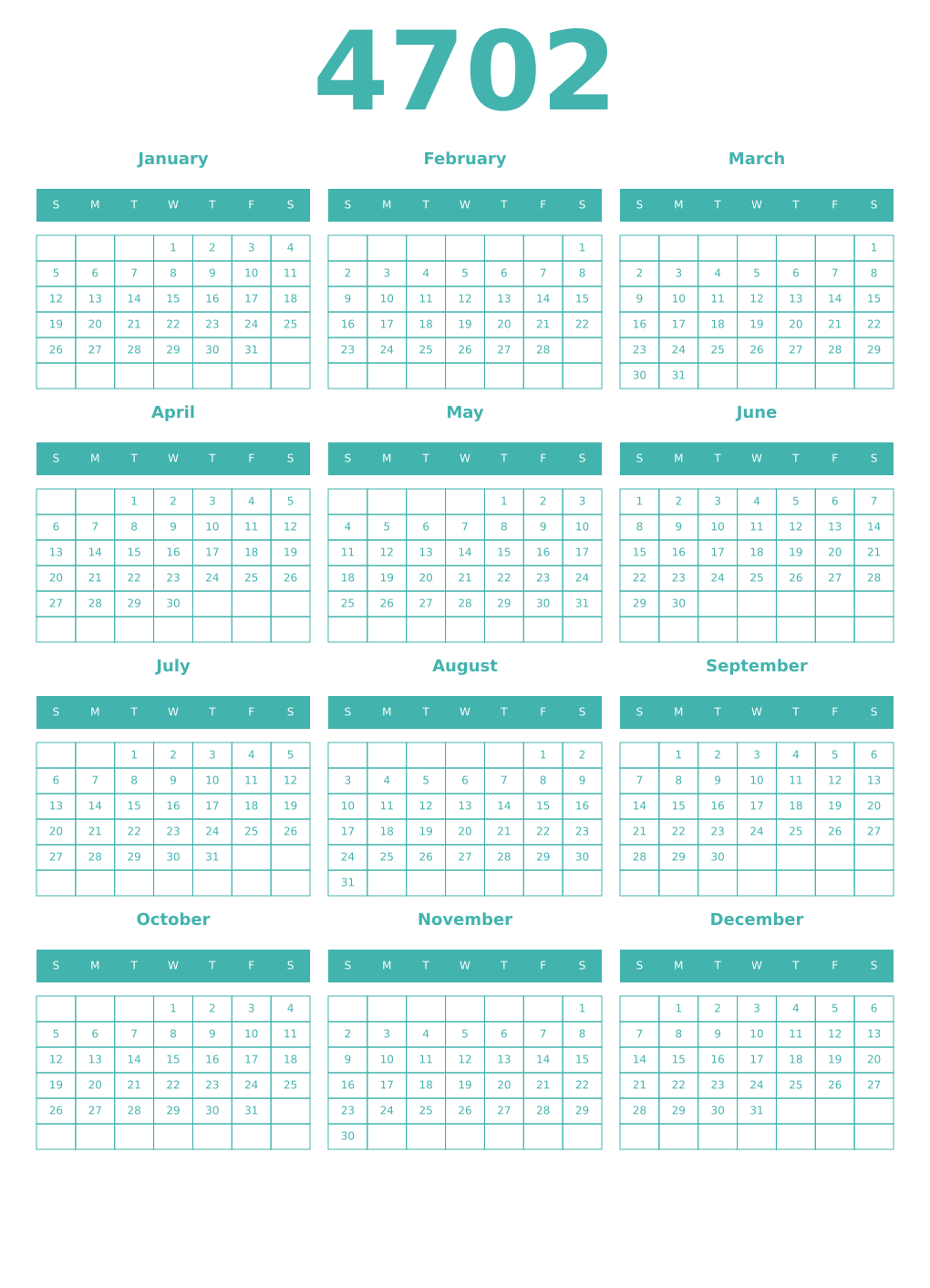 Printable 4702 Year Calendars verdigris