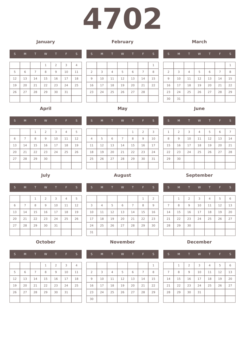 Printable 4702 Year Calendars wenge