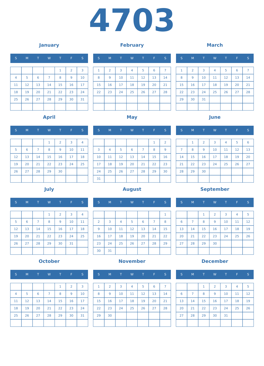 Printable 4703 Year Calendars blue