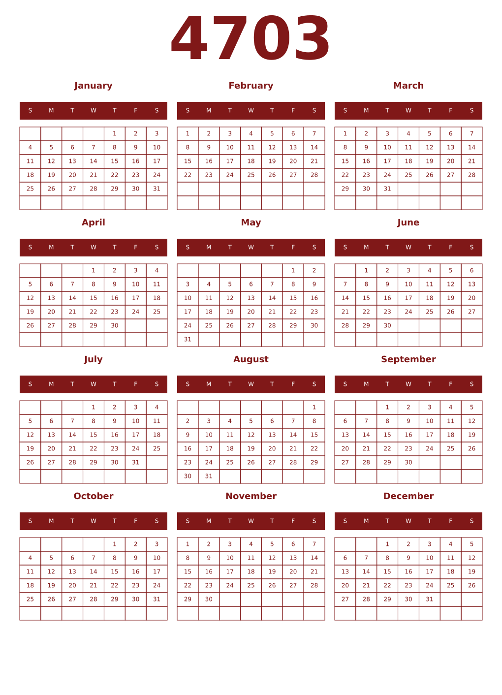 Printable 4703 Year Calendars falu