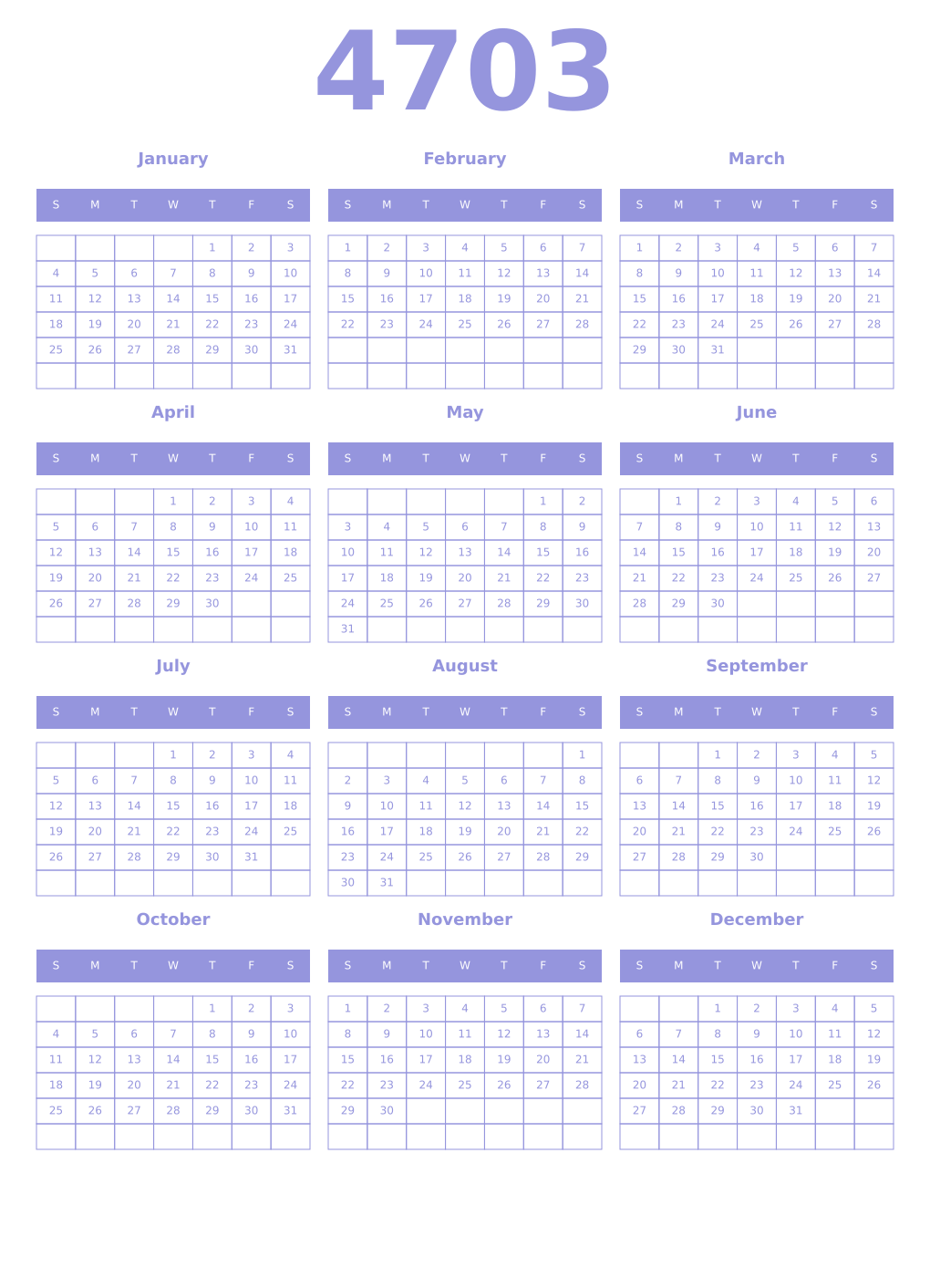 Printable 4703 Year Calendars periwinkle