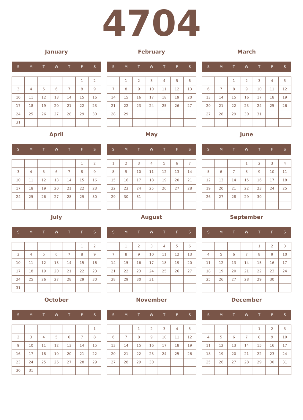 Printable 4704 Year Calendars coffe