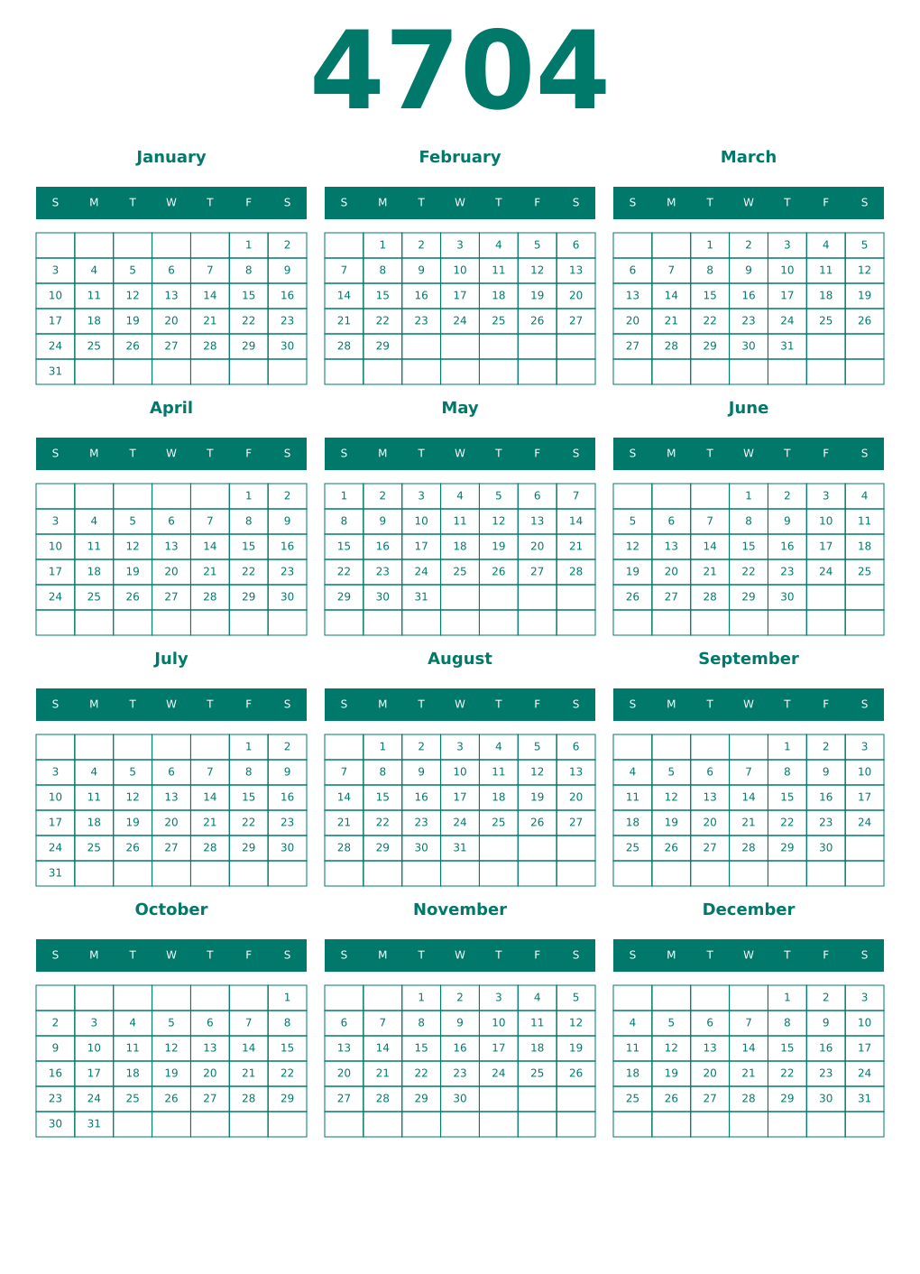 Printable 4704 Year Calendars pastel