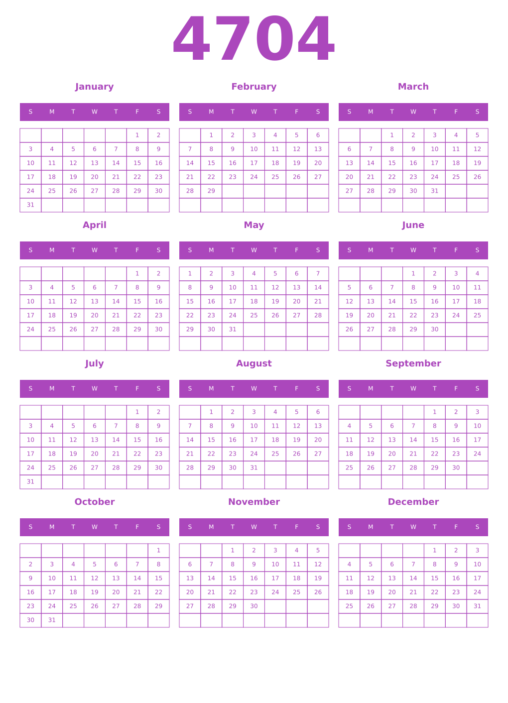 Printable 4704 Year Calendars purple