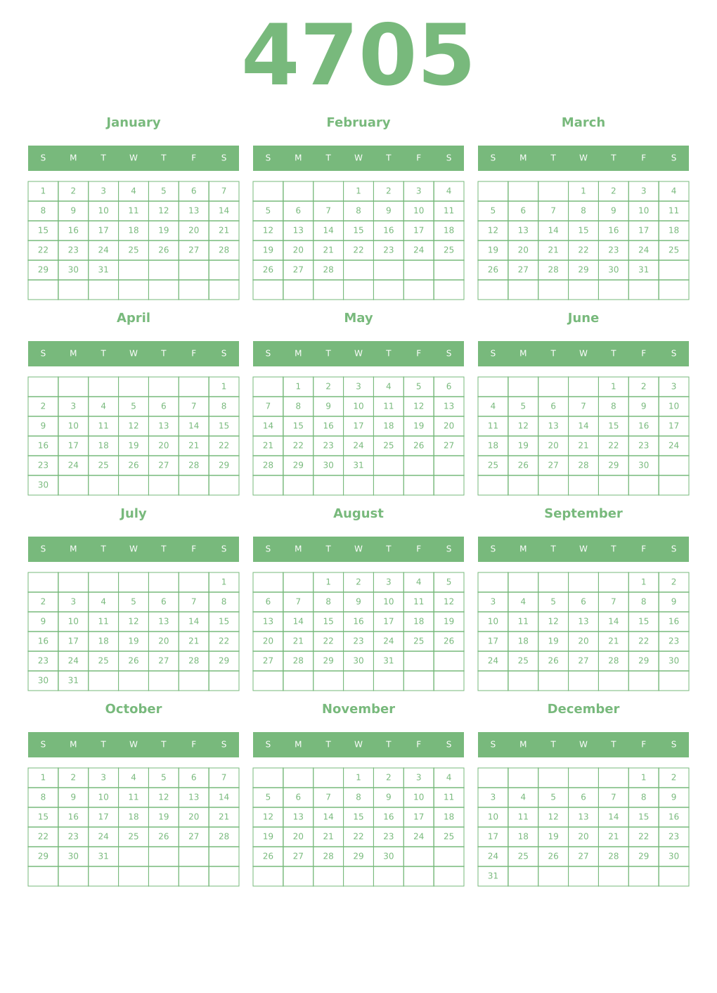Printable 4705 Year Calendars celadon