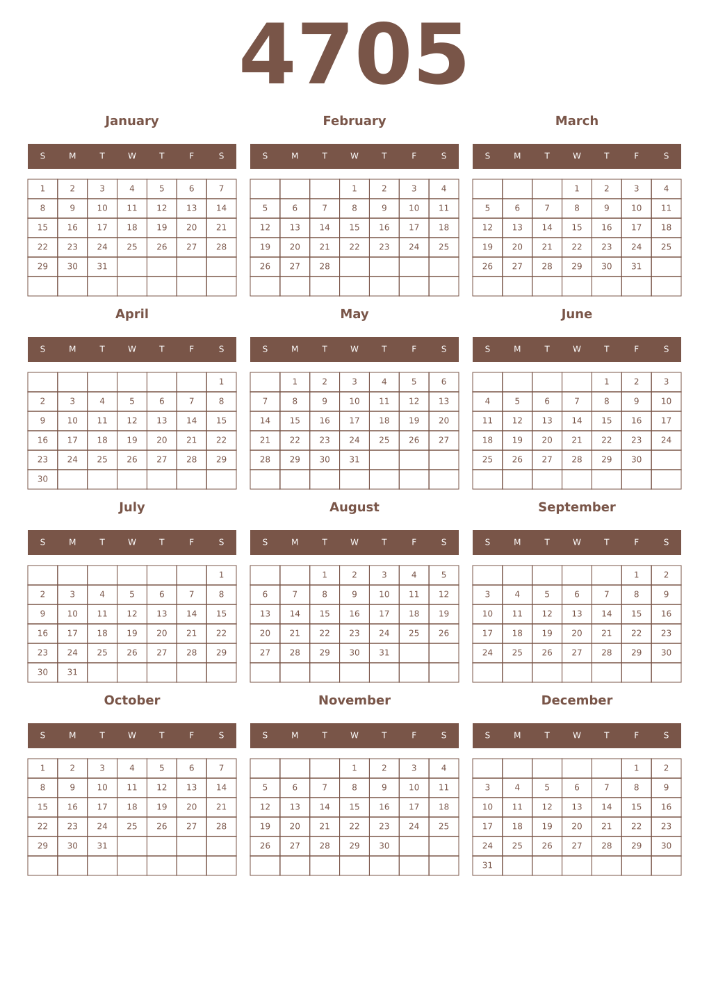 Printable 4705 Year Calendars coffe