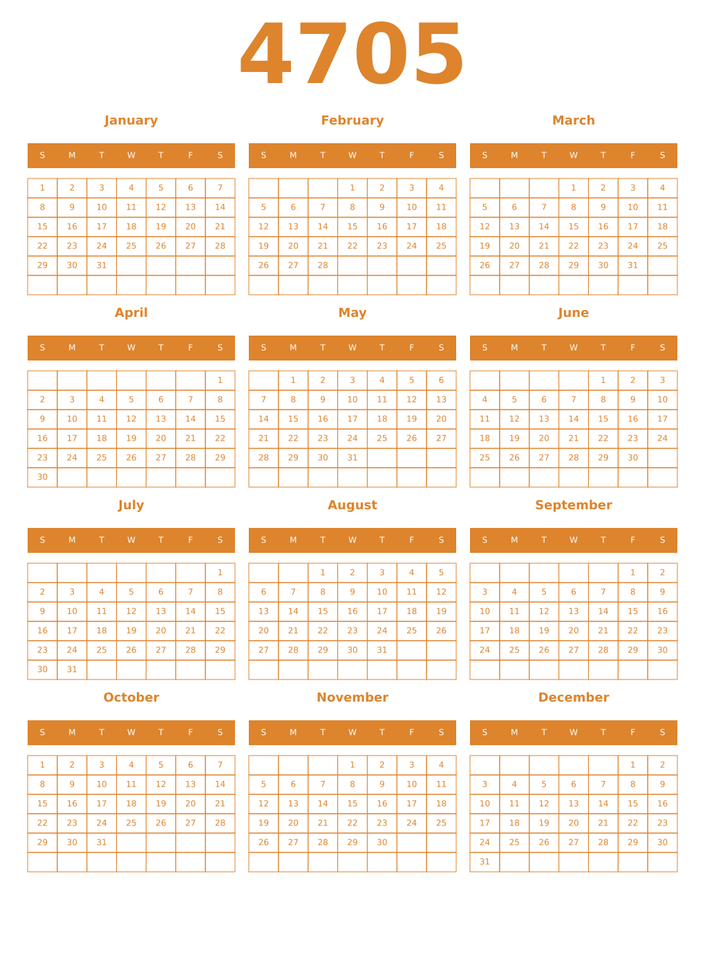 Printable 4705 Year Calendars orange