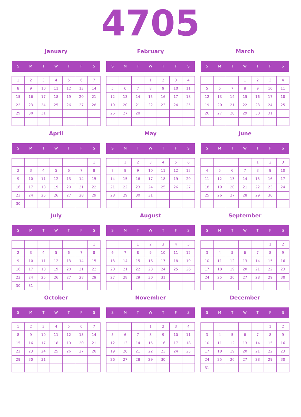 Printable 4705 Year Calendars purple