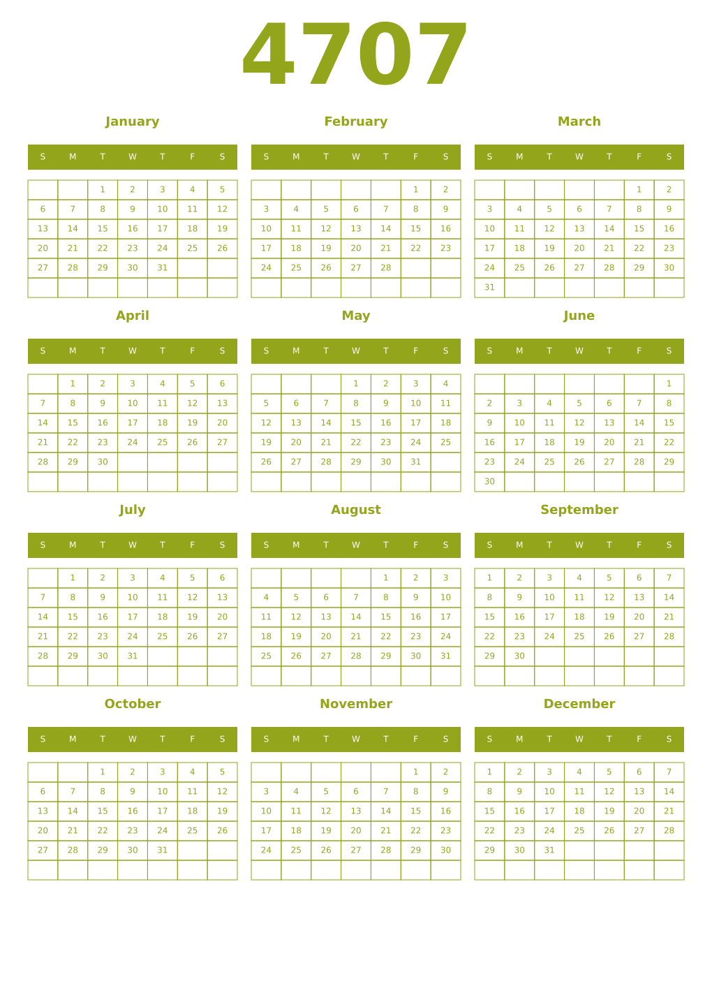 Printable 4707 Year Calendars chartreuse