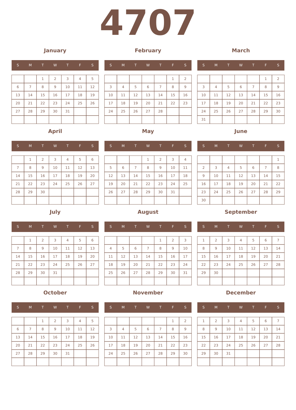 Printable 4707 Year Calendars coffe