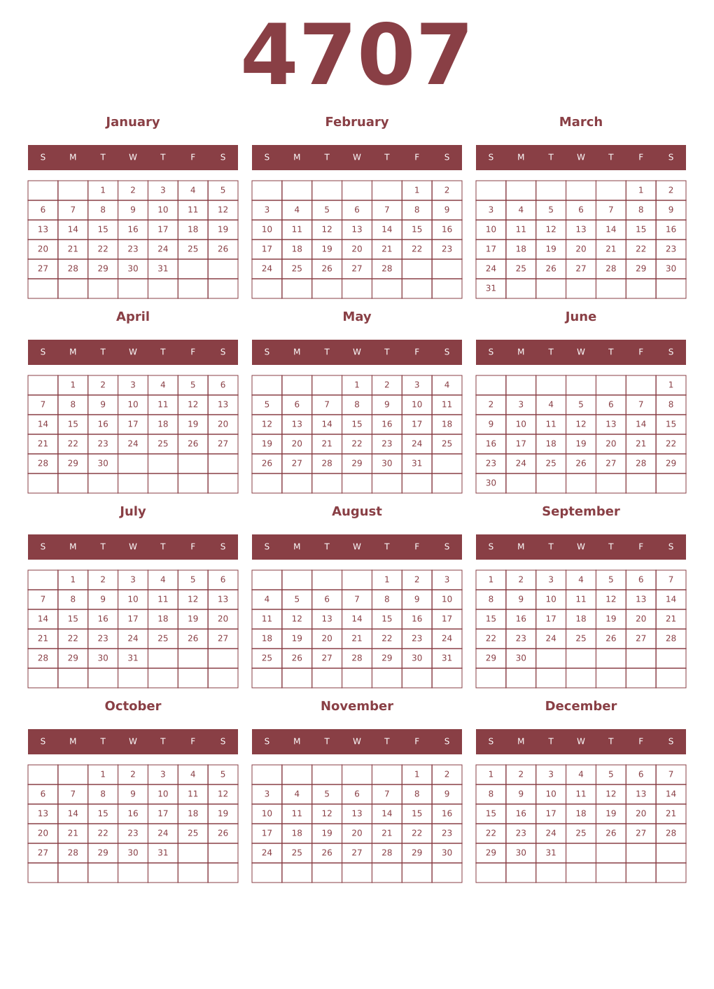 Printable 4707 Year Calendars cordovan