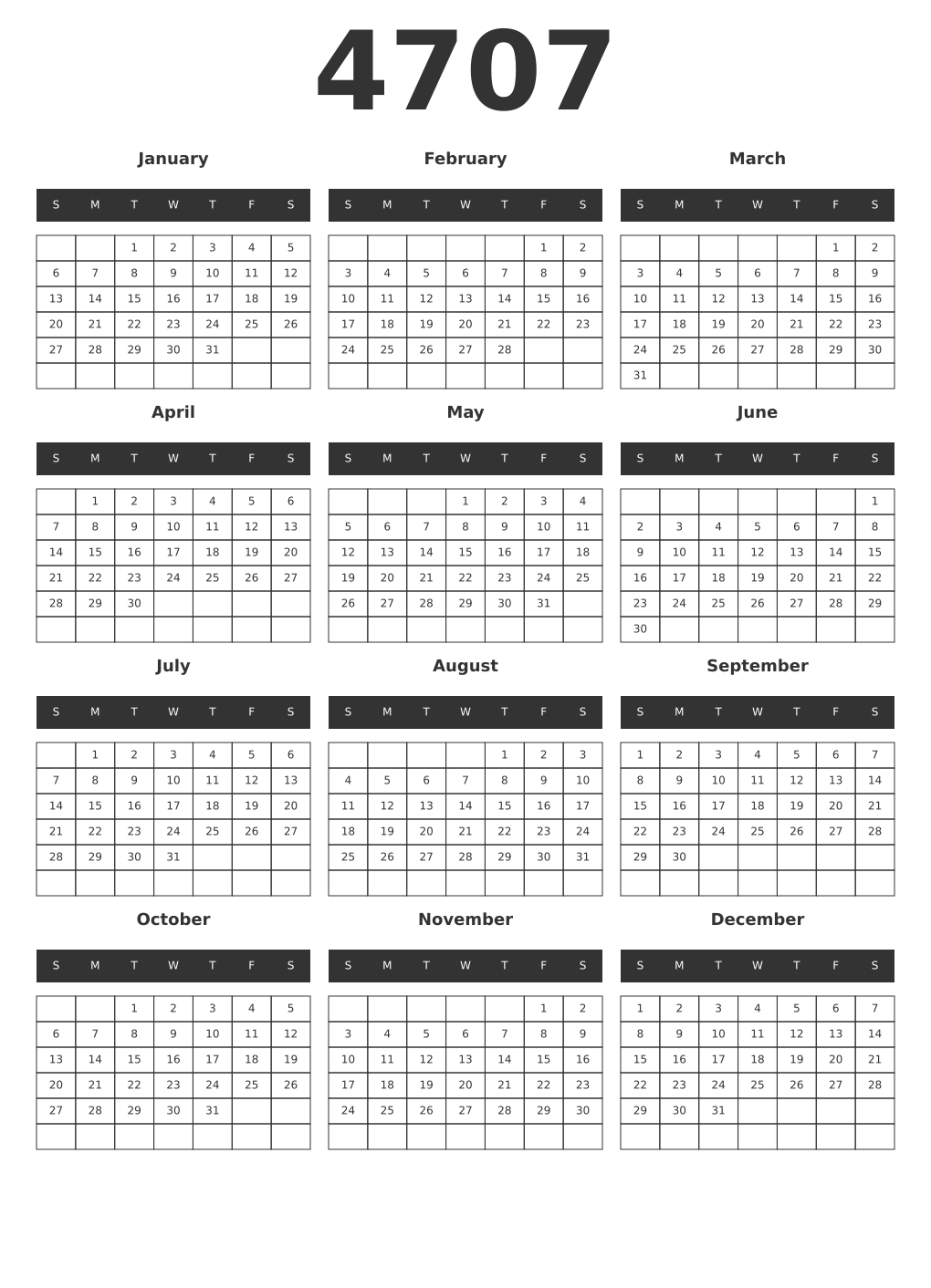 Printable 4707 Year Calendars dark