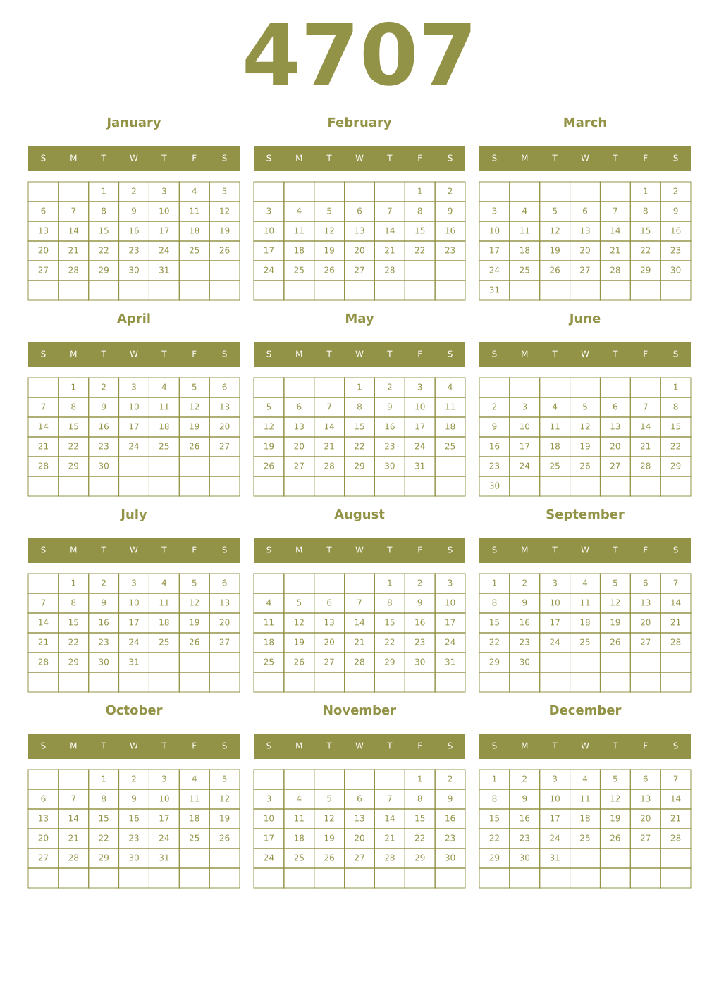 Printable 4707 Year Calendars eburnean