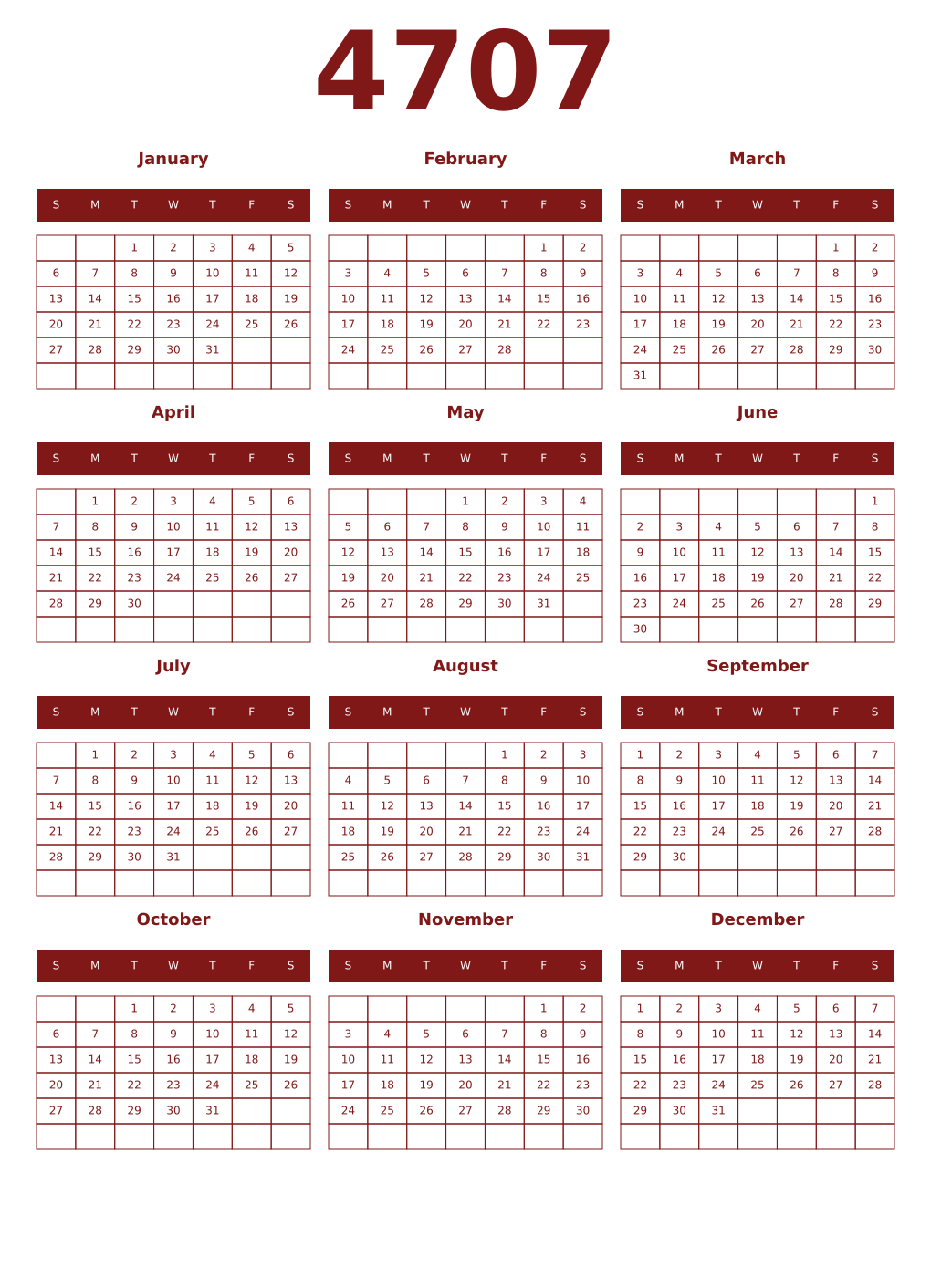 Printable 4707 Year Calendars falu