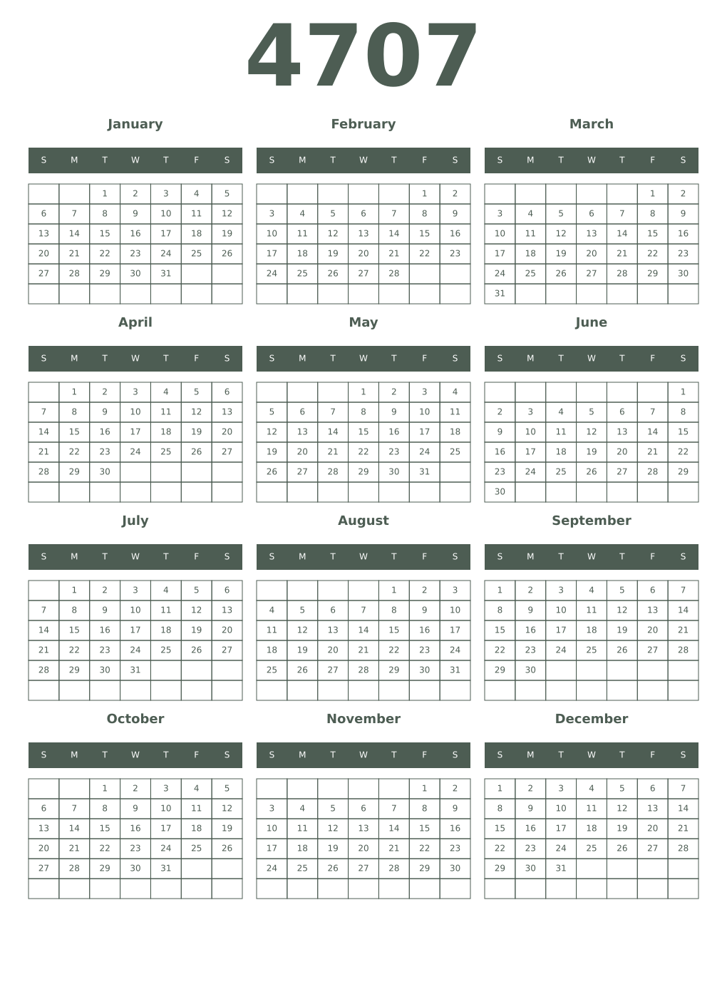 Printable 4707 Year Calendars feldgrau