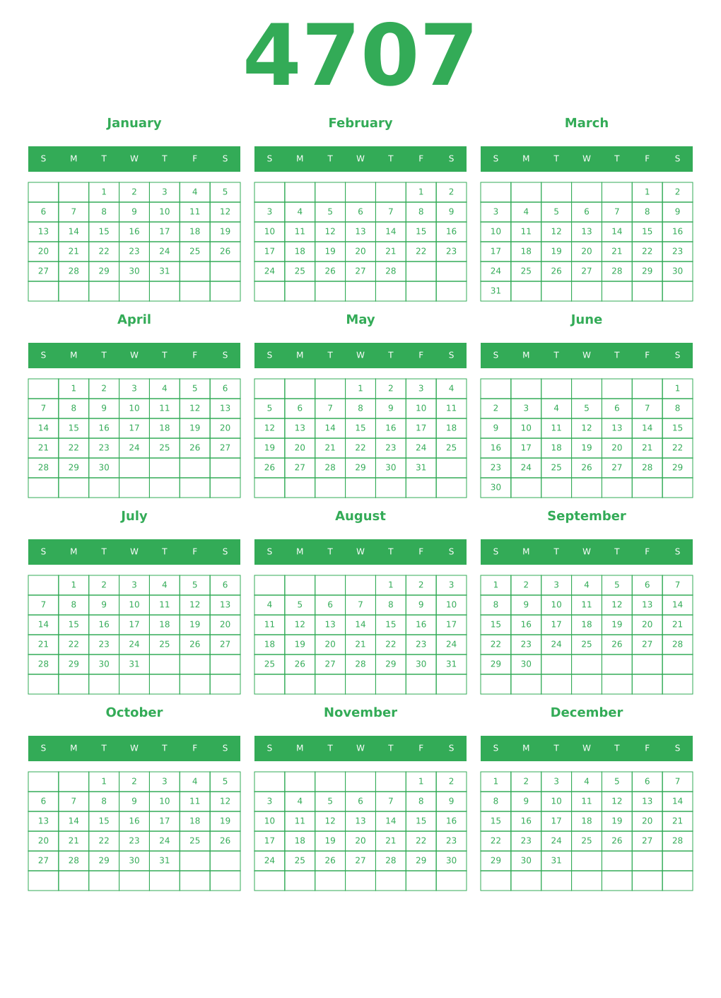 Printable 4707 Year Calendars green