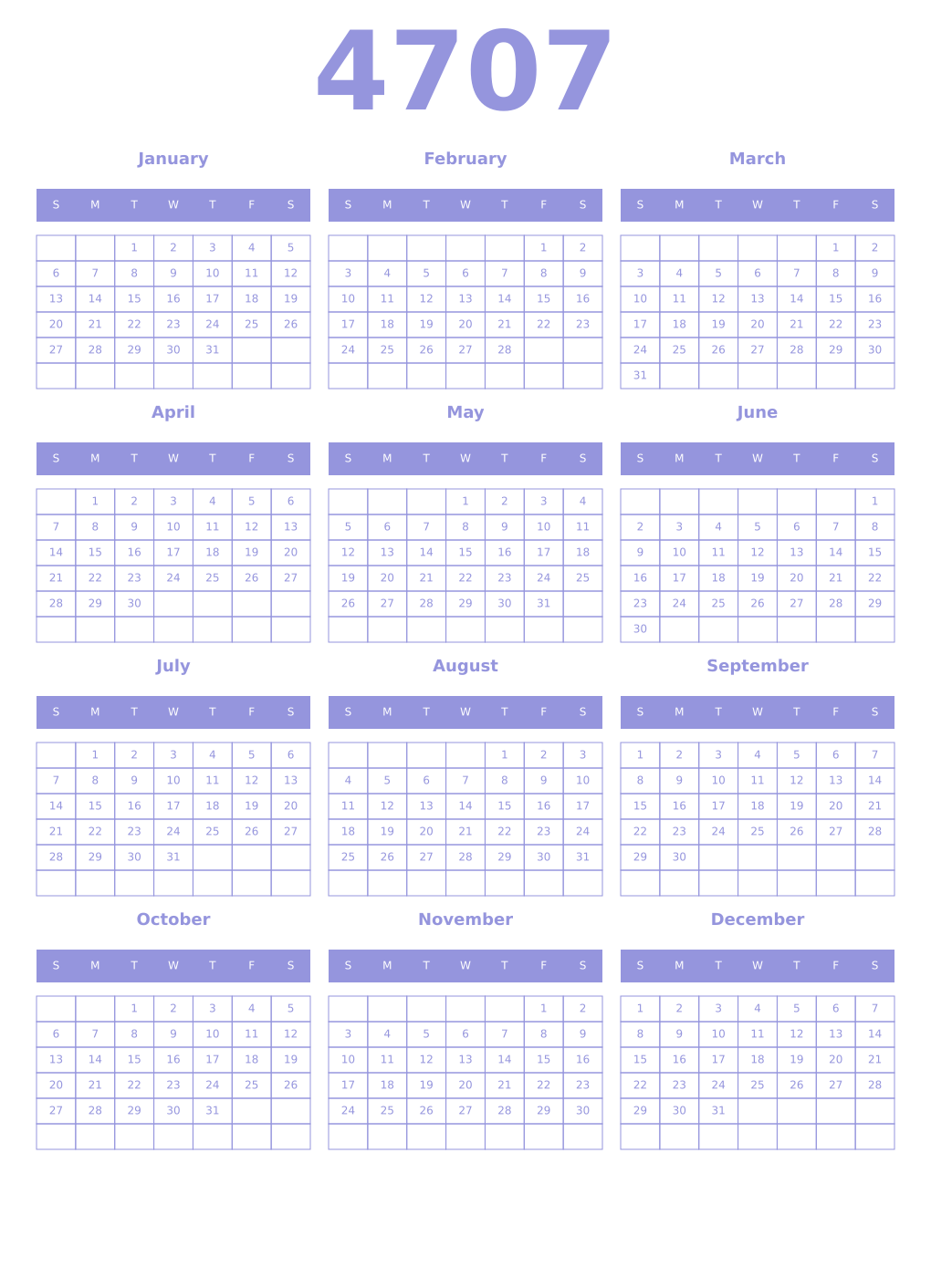 Printable 4707 Year Calendars periwinkle