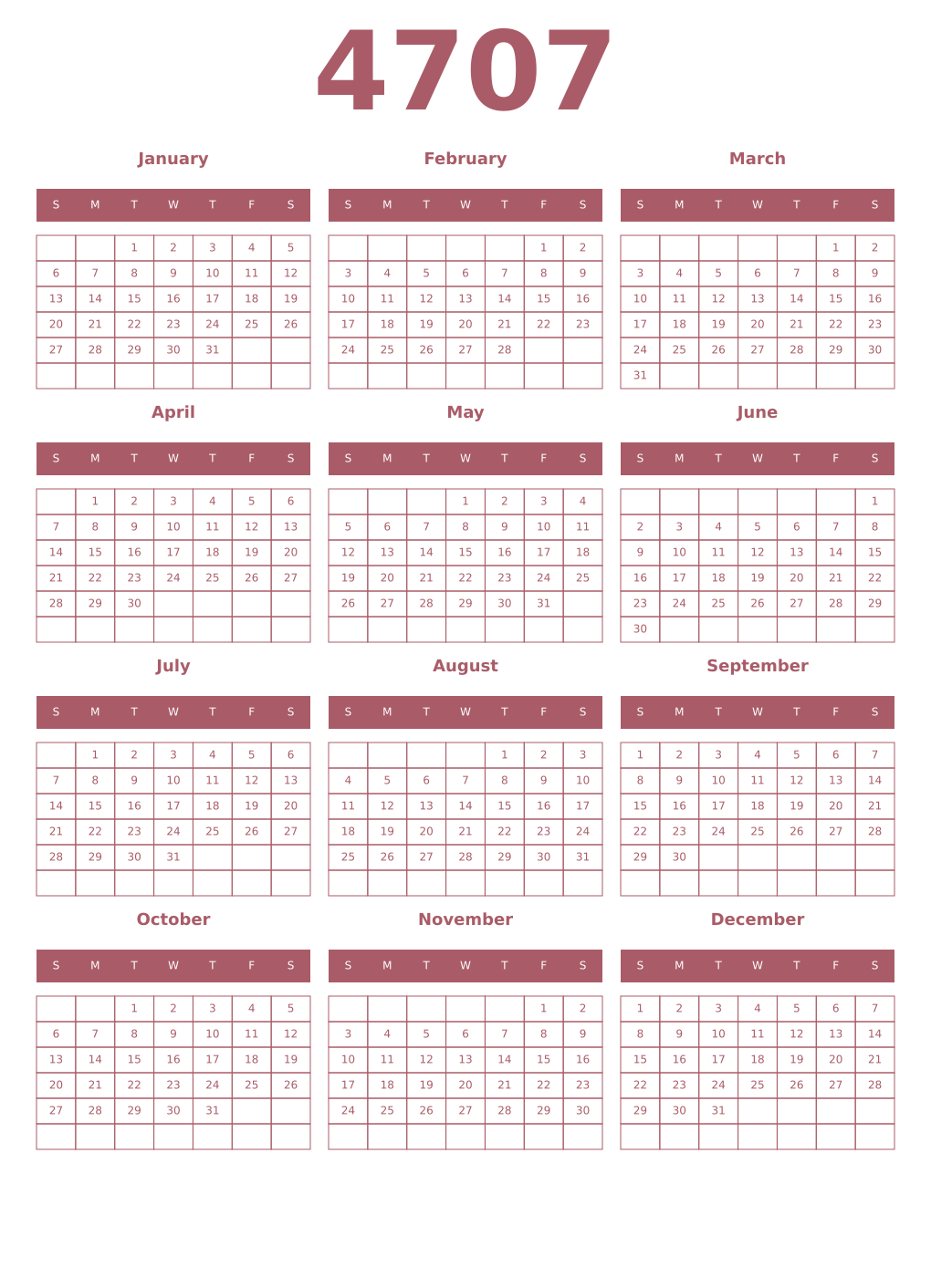 Printable 4707 Year Calendars puce