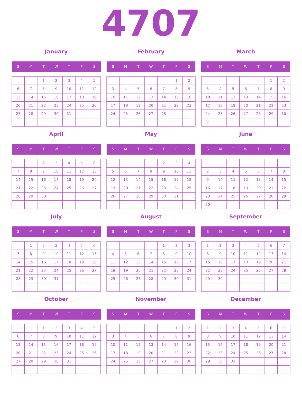 Printable 4707 Year Calendars purple