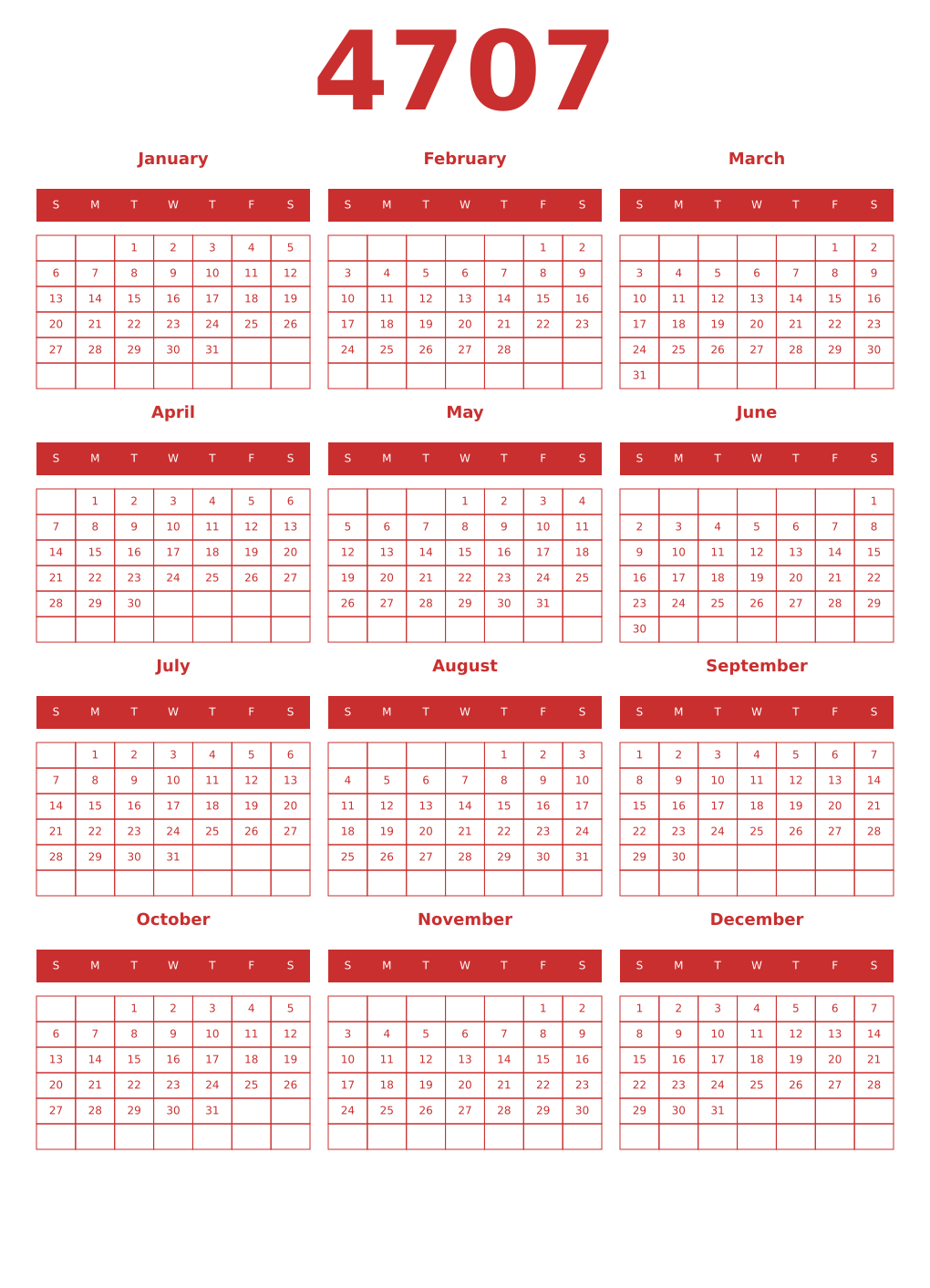 Printable 4707 Year Calendars red