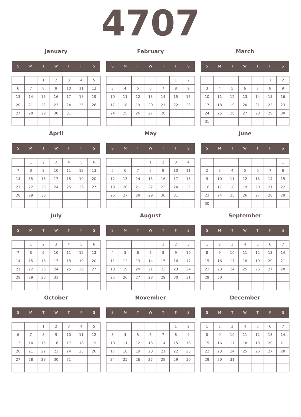 Printable 4707 Year Calendars wenge