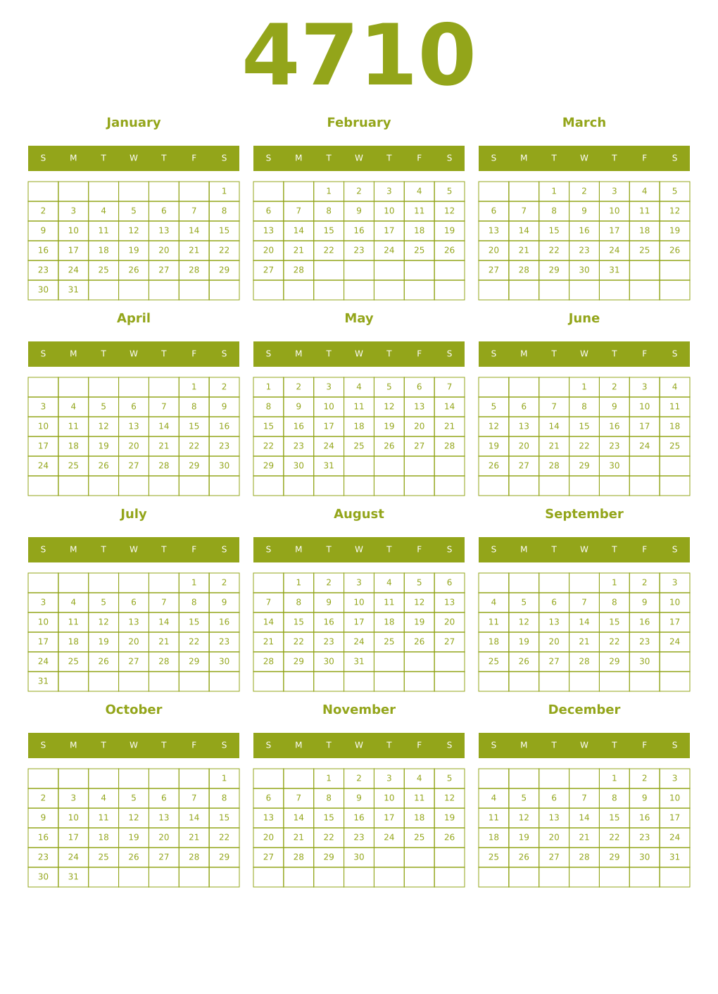 Printable 4710 Year Calendars chartreuse