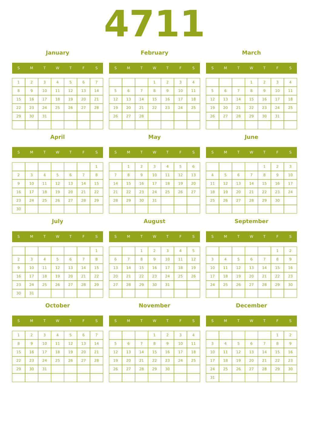 Printable 4711 Year Calendars chartreuse