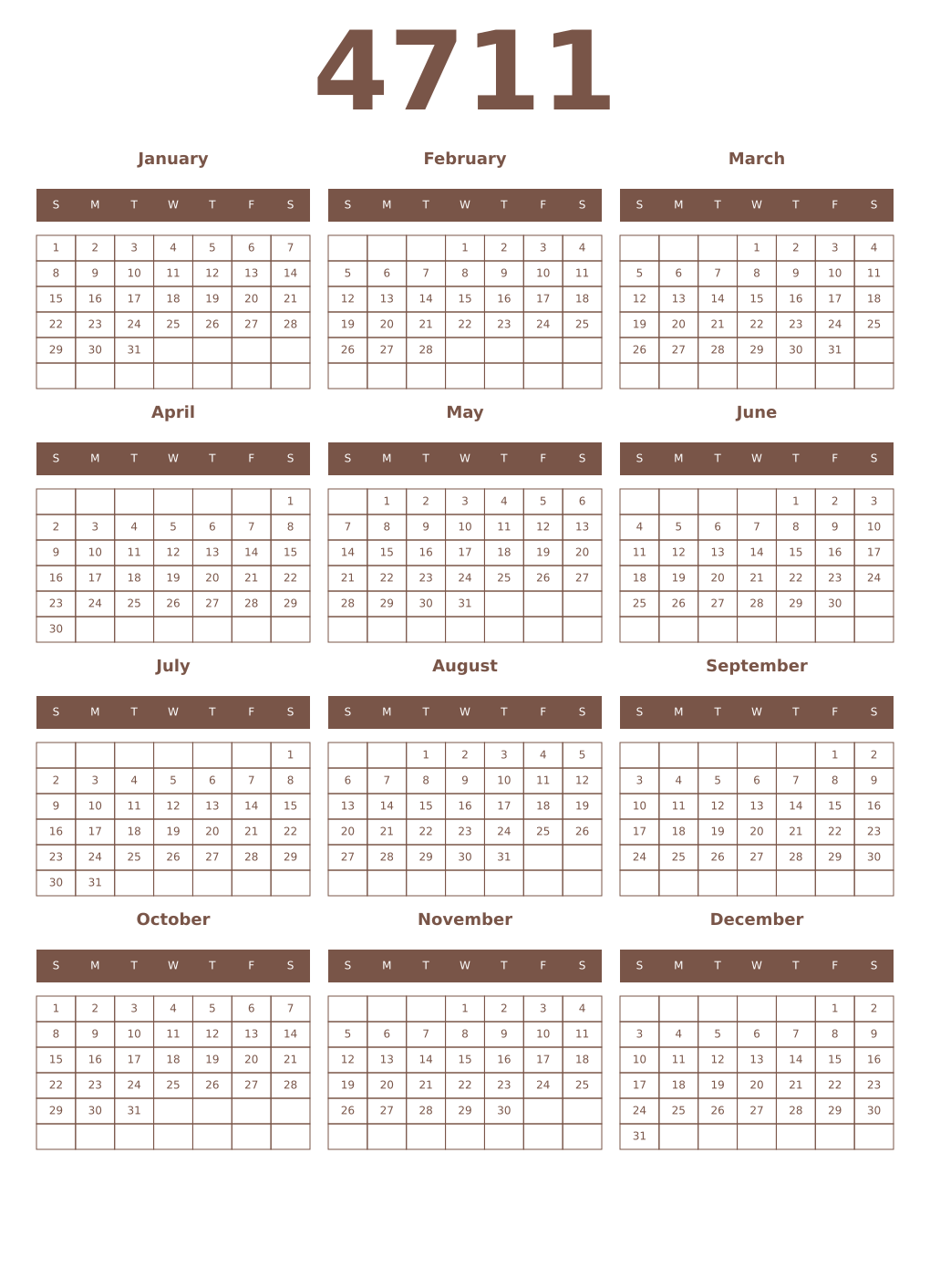 Printable 4711 Year Calendars coffe