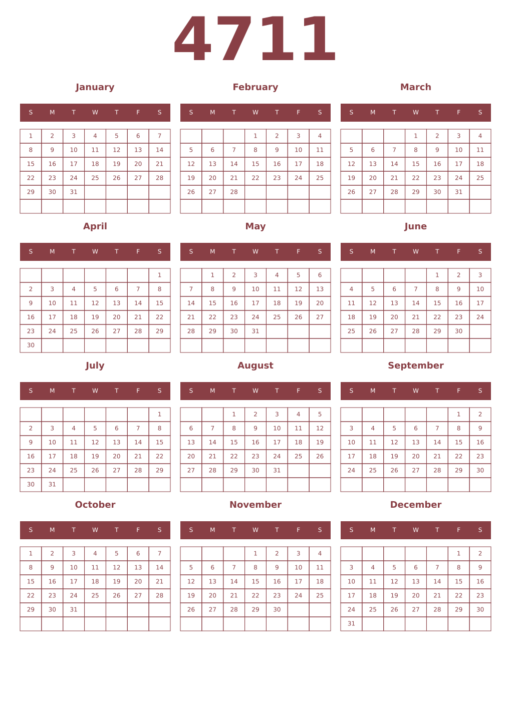Printable 4711 Year Calendars cordovan