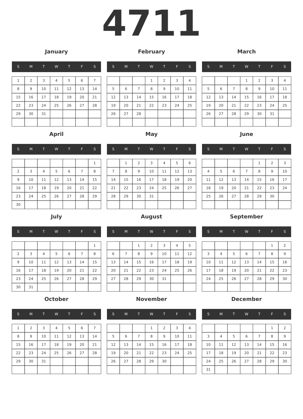 Printable 4711 Year Calendars dark