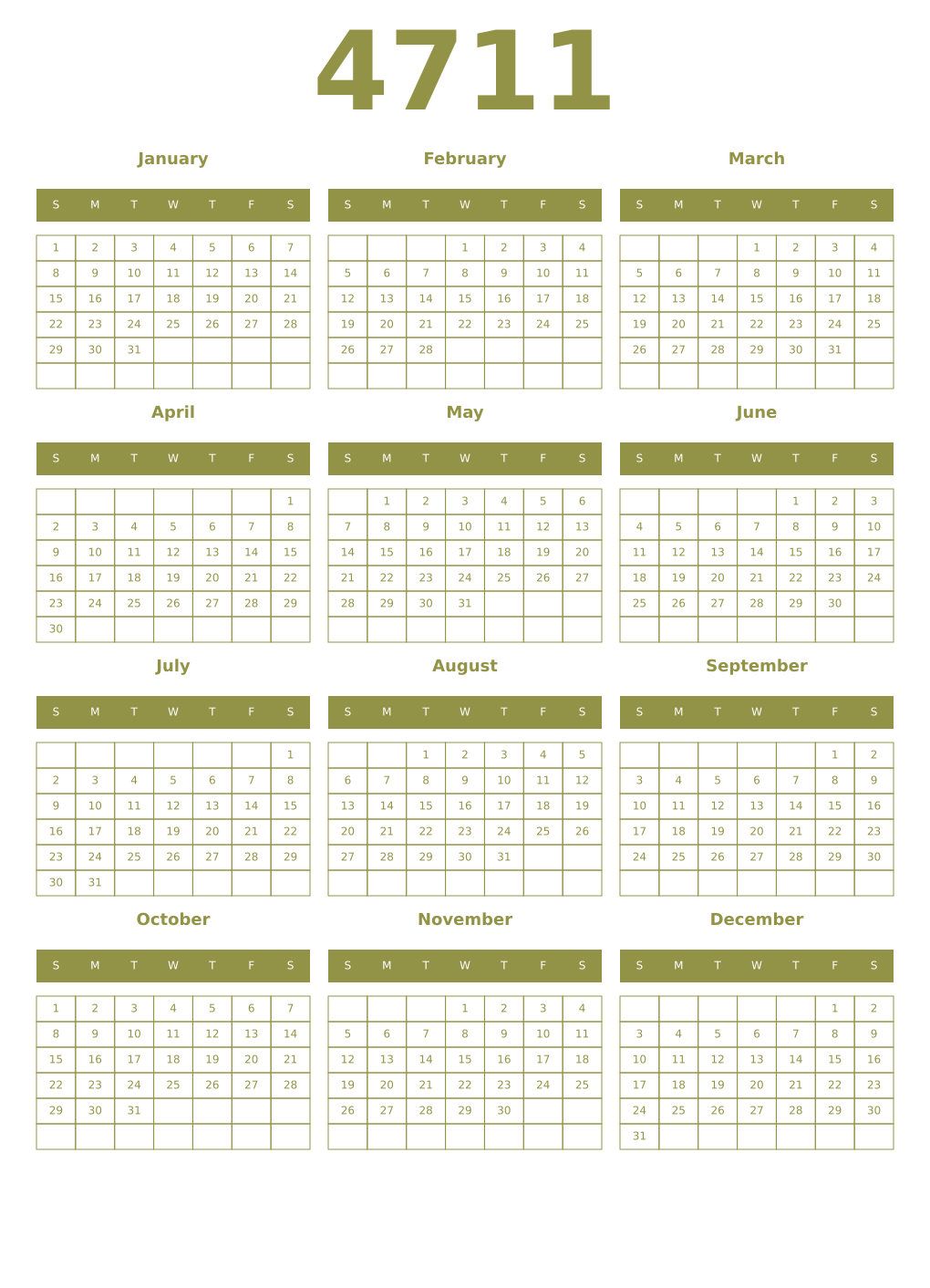 Printable 4711 Year Calendars eburnean