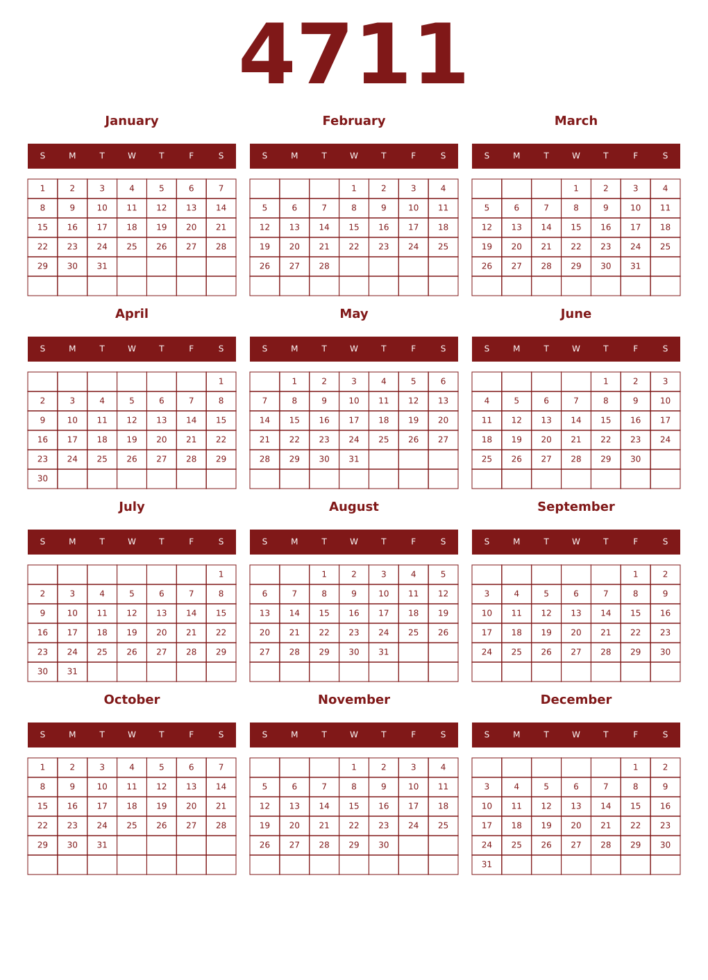 Printable 4711 Year Calendars falu