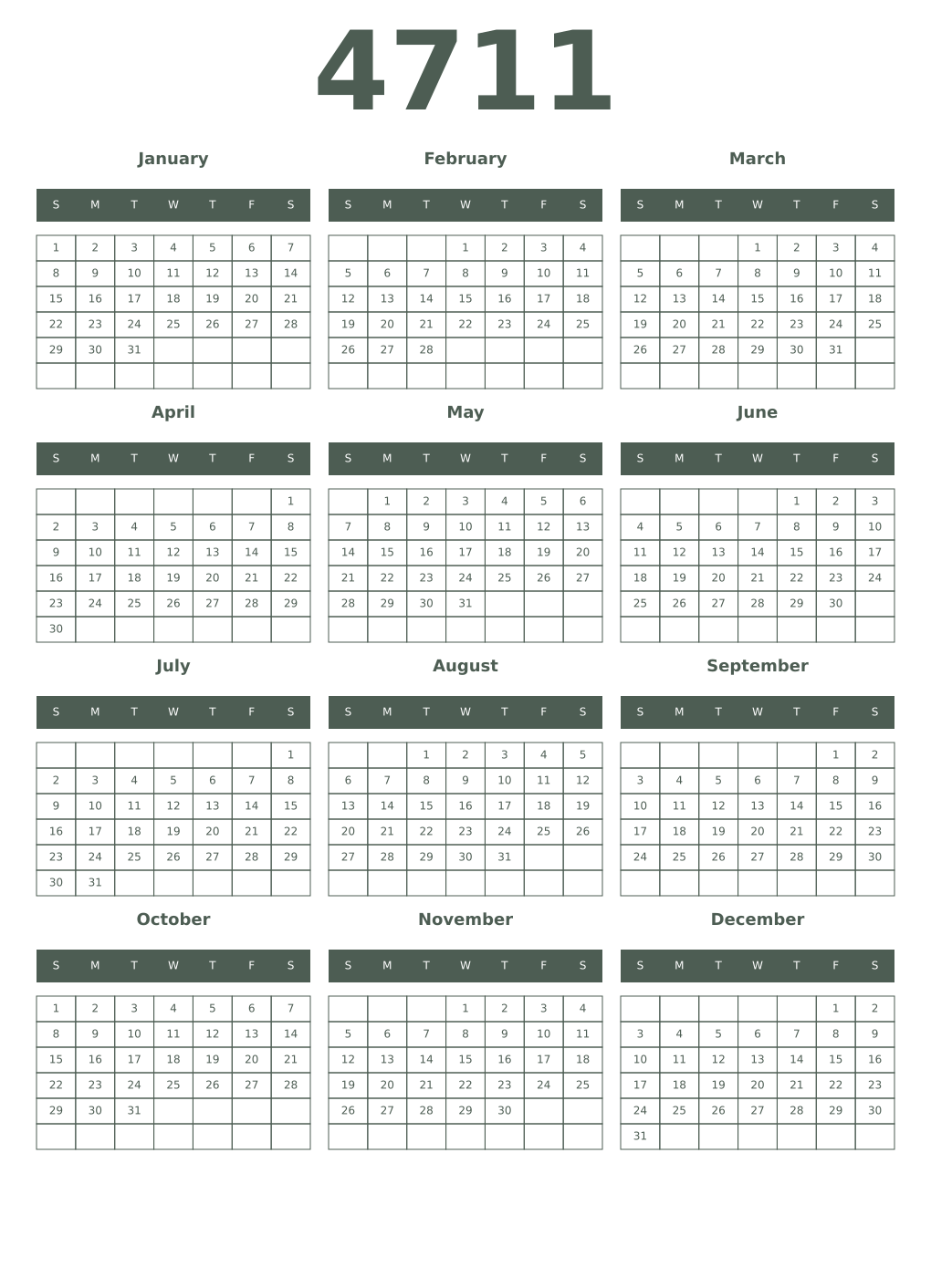 Printable 4711 Year Calendars feldgrau