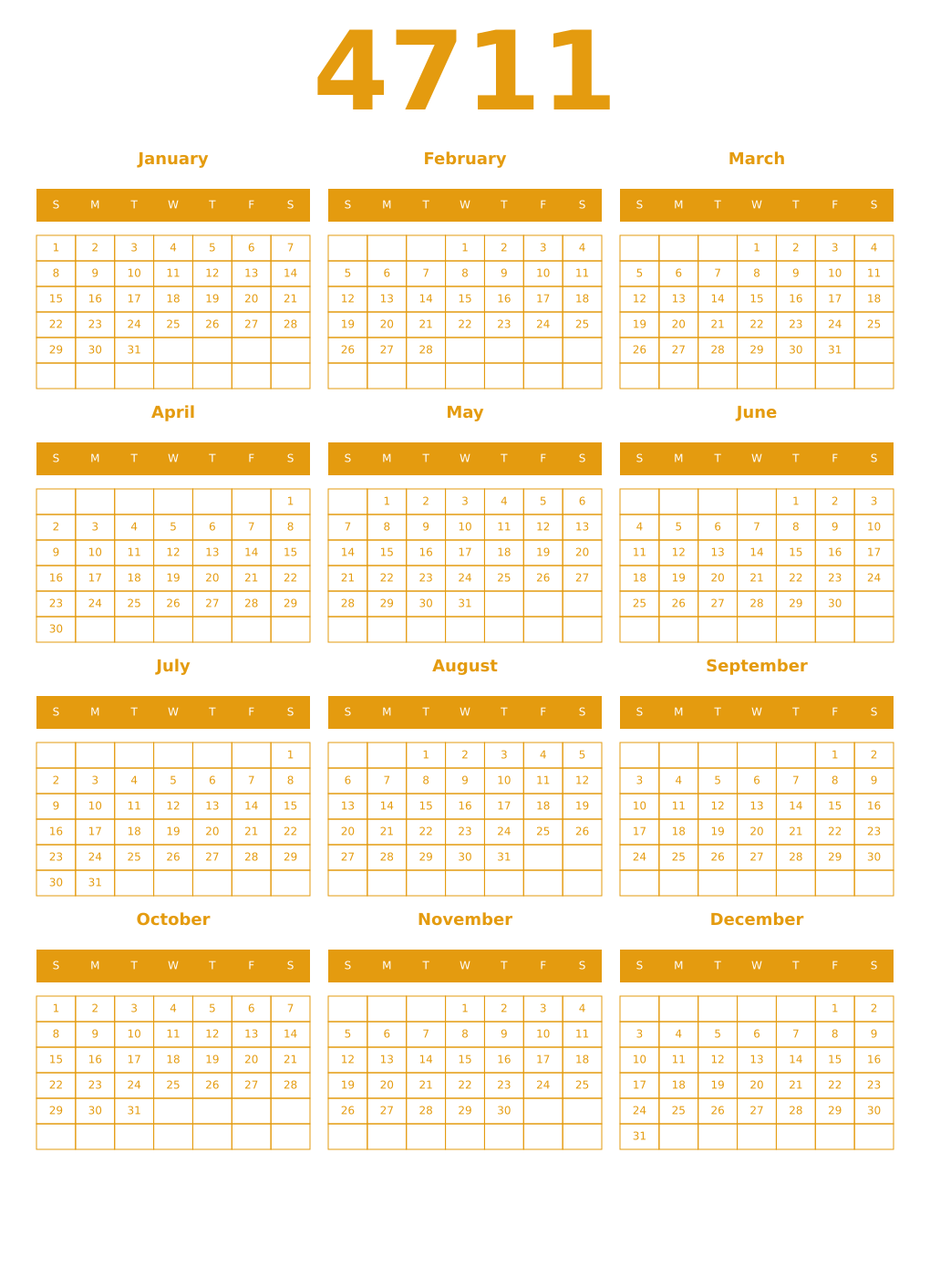Printable 4711 Year Calendars gamboge
