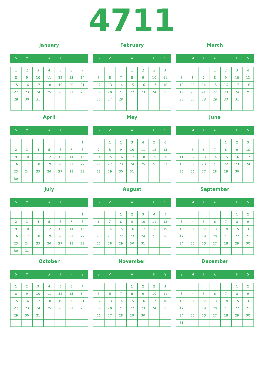 Printable 4711 Year Calendars green
