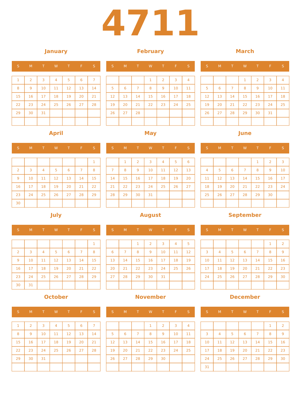Printable 4711 Year Calendars orange