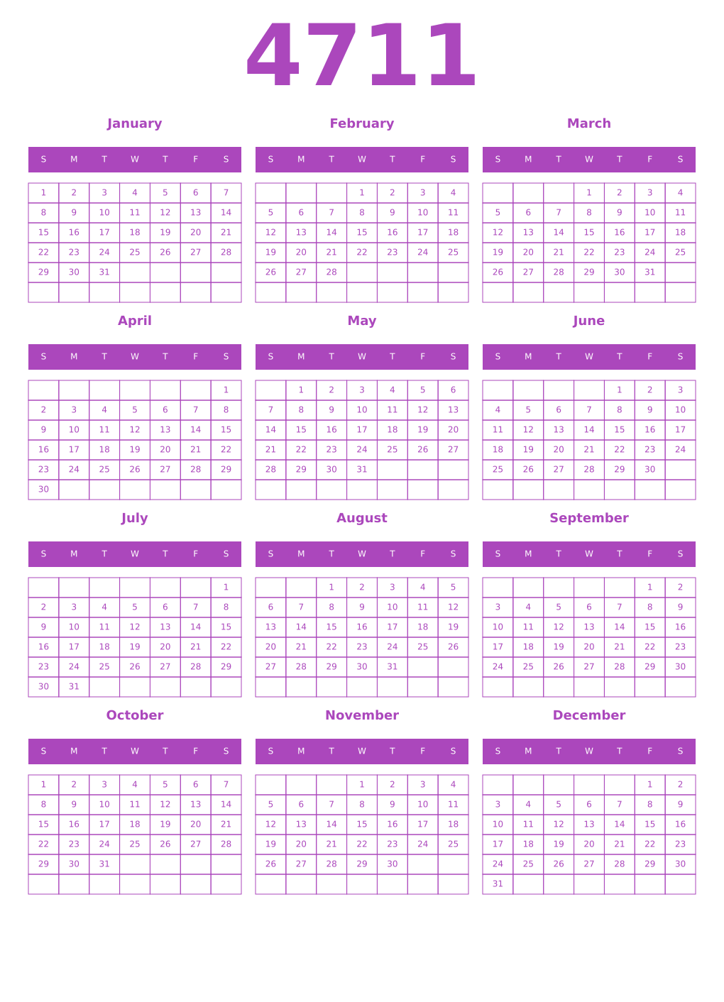 Printable 4711 Year Calendars purple