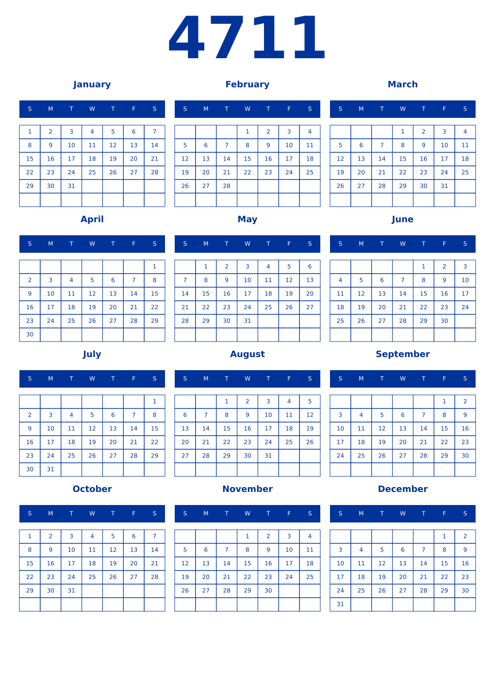 Printable 4711 Year Calendars smalt