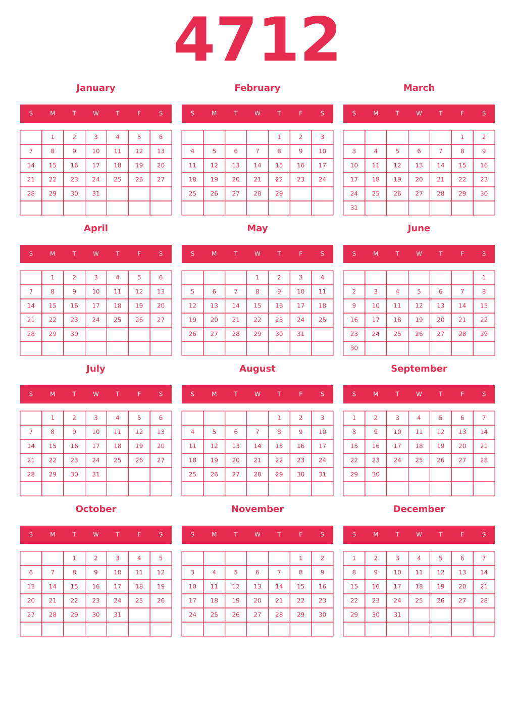 Printable 4712 Year Calendars amaranth