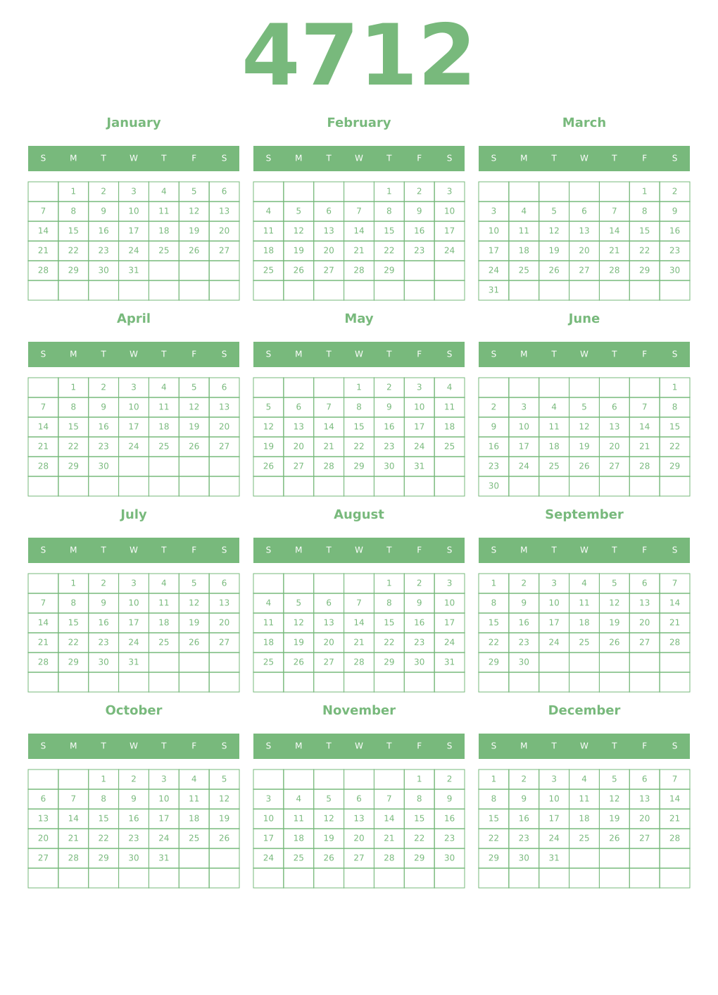 Printable 4712 Year Calendars celadon