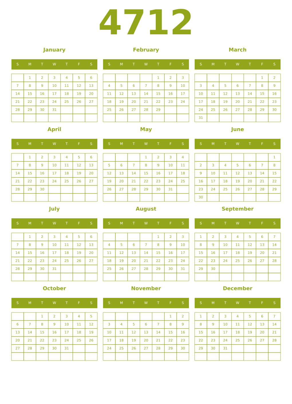 Printable 4712 Year Calendars chartreuse
