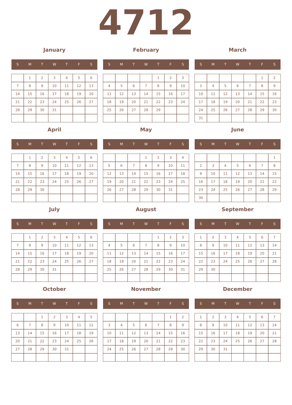 Printable 4712 Year Calendars coffe