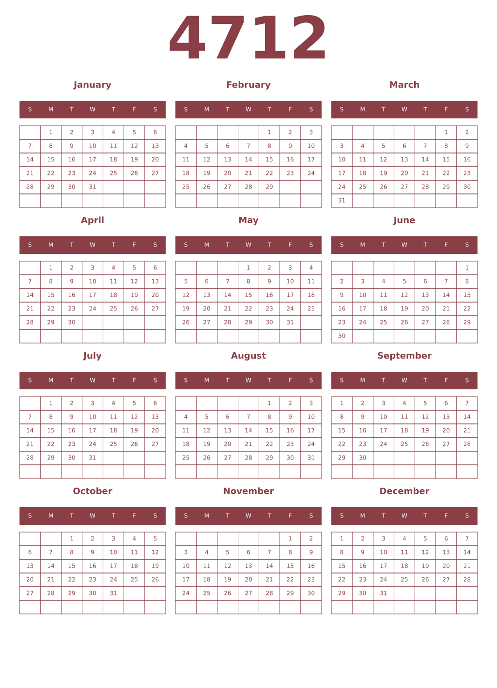 Printable 4712 Year Calendars cordovan