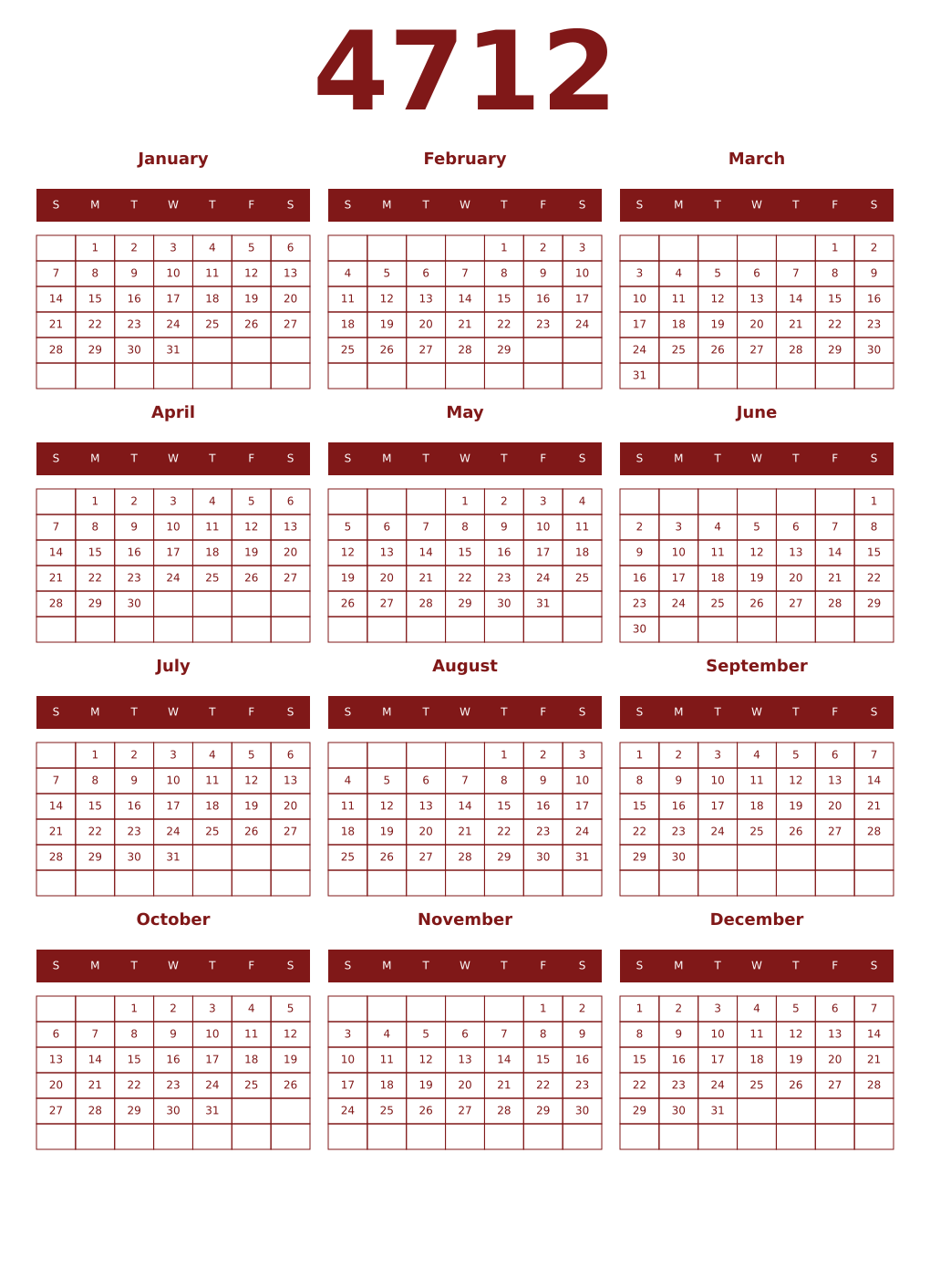 Printable 4712 Year Calendars falu