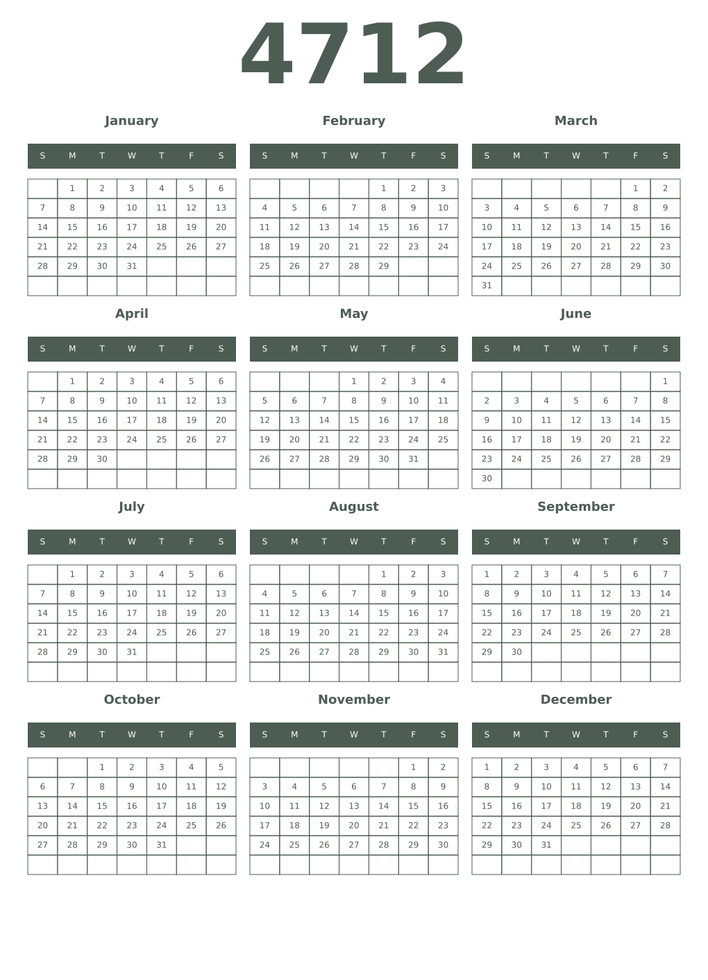 Printable 4712 Year Calendars feldgrau